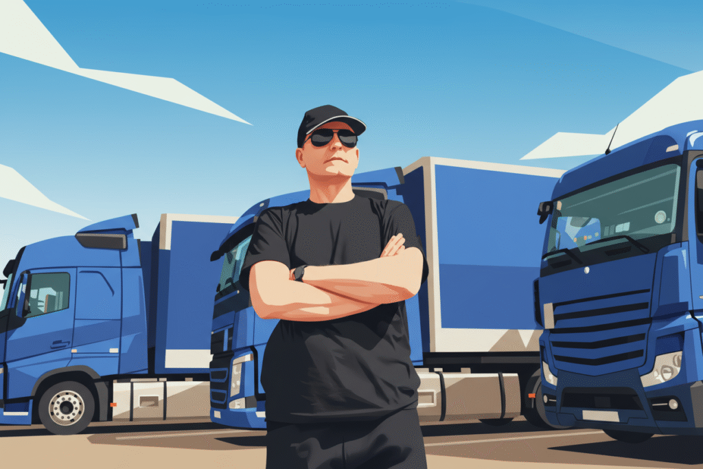 Illustration eines selbstbewussten Spediteurs mit verschränkten Armen, der vor einer modernen blauen LKW-Flotte steht. Symbolbild für Speditionsmarketing, Logistikmanagement und effiziente Transportplanung.