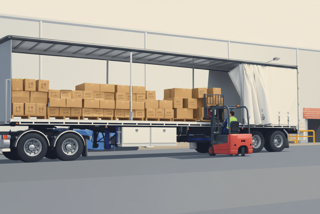 Illustration eines Gabelstaplers, der Kartons auf einen LKW lädt. Symbolbild für Speditionsmarketing, Lagerlogistik und effiziente Transportprozesse in der Lieferkette.