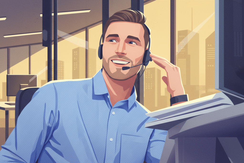 Illustration eines freundlichen Kundenberaters mit Headset in einem modernen Büro. Symbolbild für Speditionsmarketing, Kundenservice und effiziente Kommunikation in der Logistikbranche.