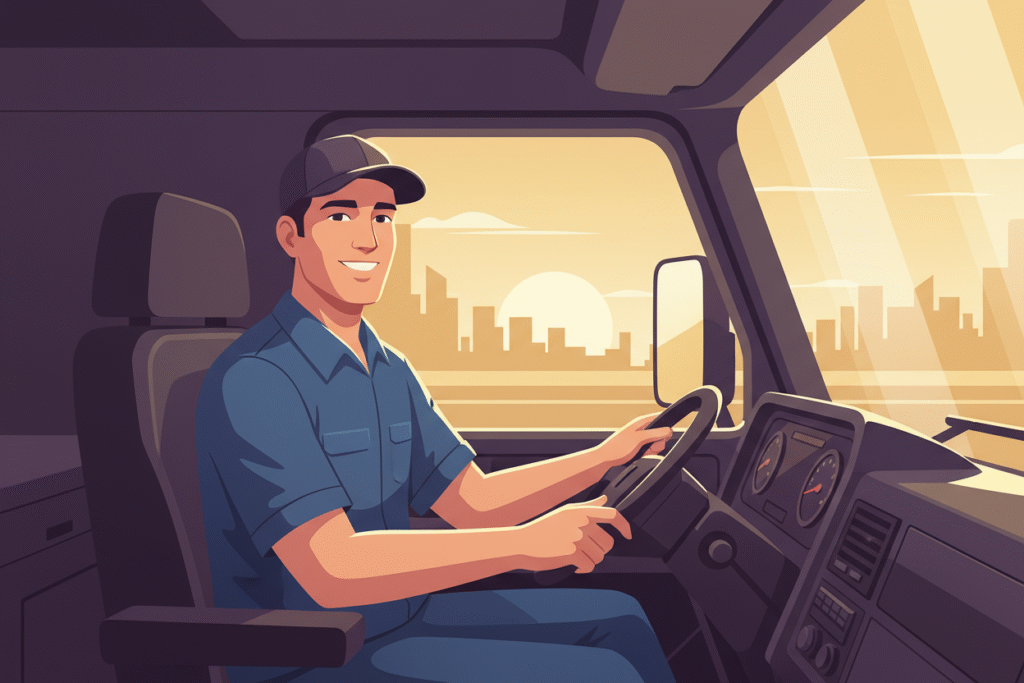 Illustration eines freundlichen LKW-Fahrers in Uniform, der in seinem Truck fährt, während die Sonne über einer Stadt untergeht. Symbolbild für Speditionsmarketing, Transportlogistik und moderne Fuhrparkdarstellung.